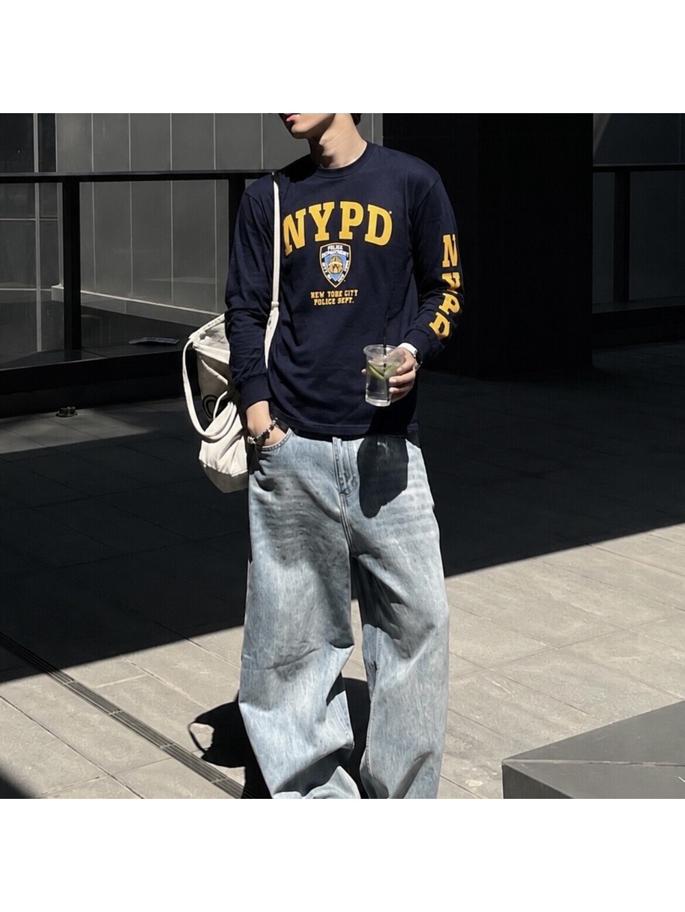 Official NYPD Long Sleeve Graphic TShirt Mens L Navy Y2K Streetwear USA